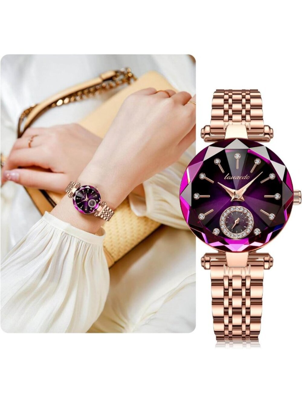 Women Gold Purple Elegant Stainless Steel Analog Creative Diamond Dial Watch - Picture 2 of 7